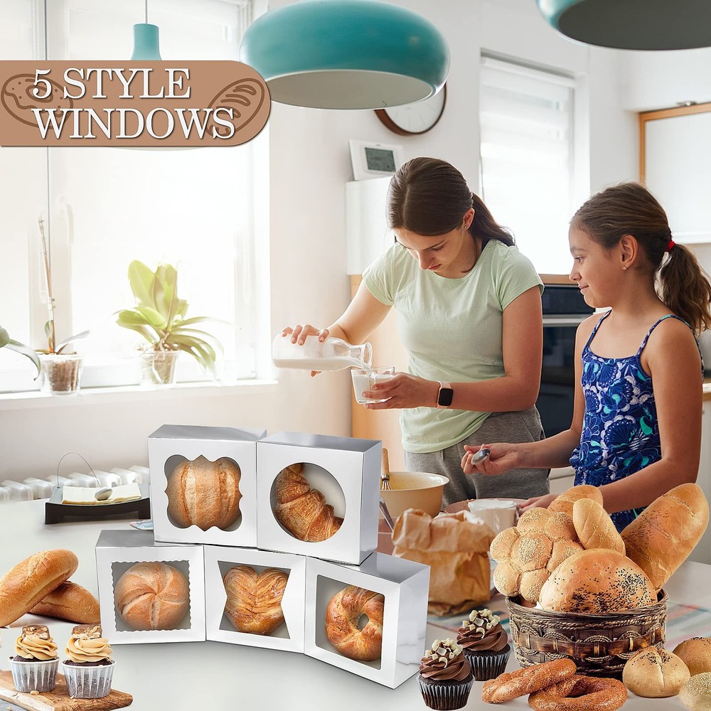 65 PCS 6x6x3 inch 5-Style Bakery Boxes with Window Silver Cookie Boxes