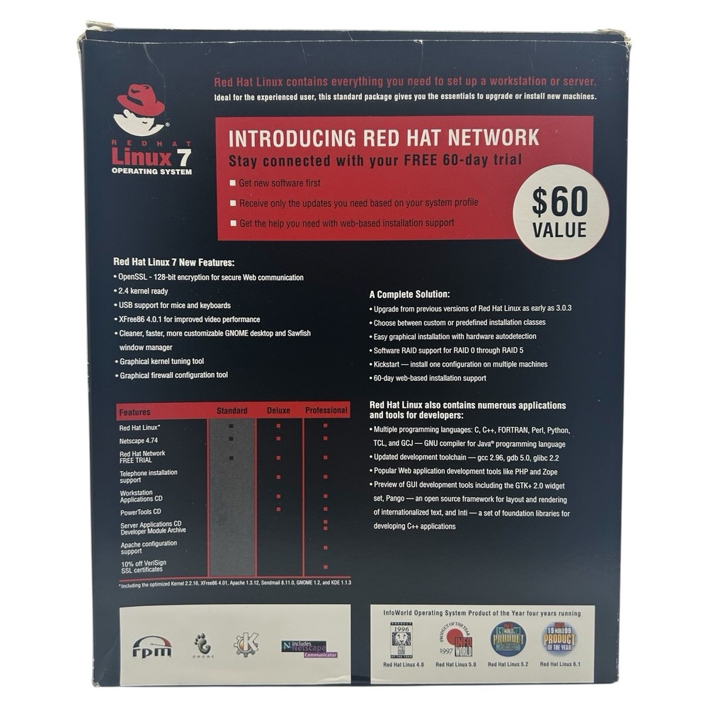 Red Hat Linux 7 Operating System (CD-ROM, 2000) Big Box CIB Complete Software