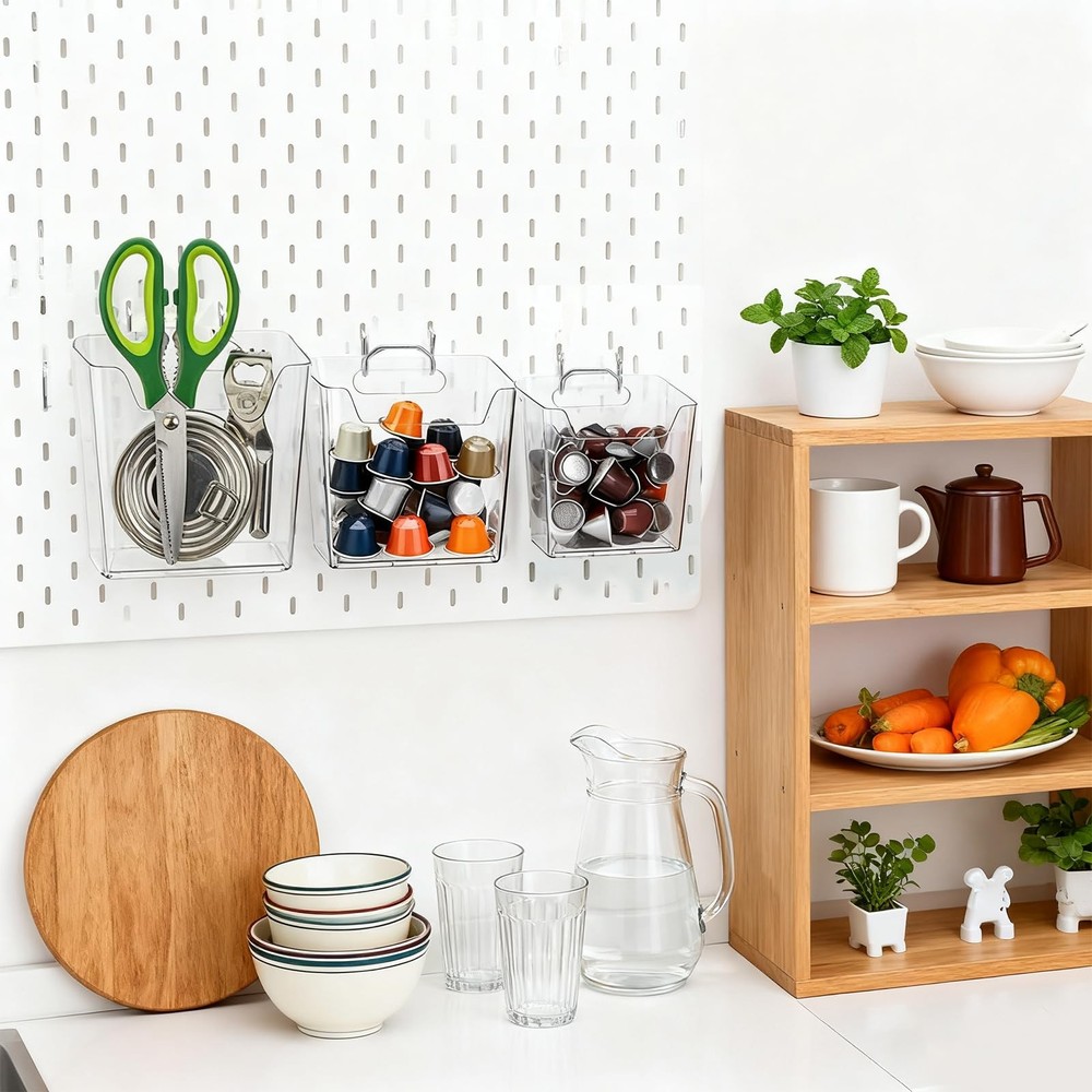 Coloch 6 Pack Clear Pegboard Cups with Hooks, Plastic Peg Board Bins Pegboard...