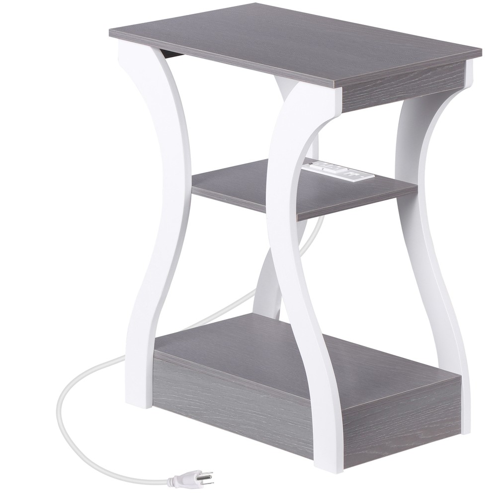 Grey End Tables With Charging Station Three Tier Storage Durable Engineered Wood