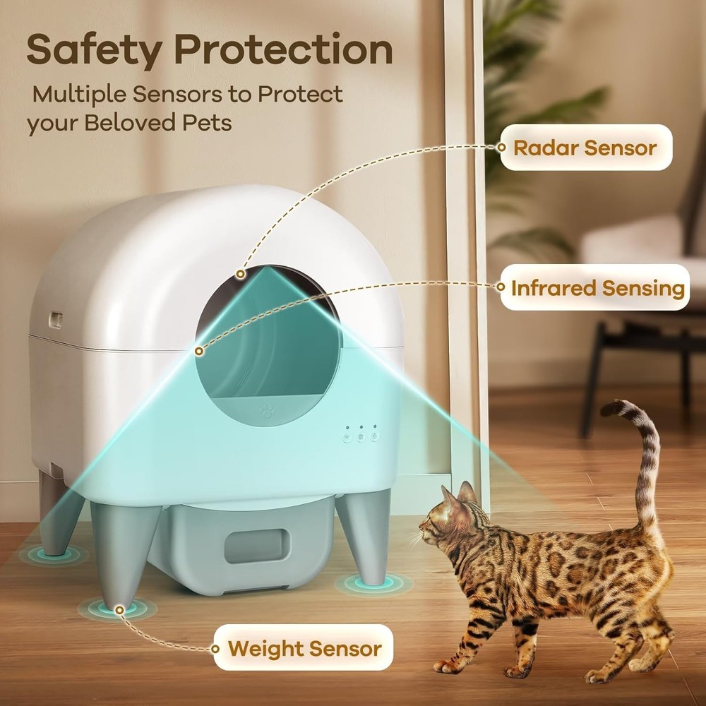 Self Cleaning Cat Litter Box Automatic 95L APP Control w/Rolls Garbage Bags Grey