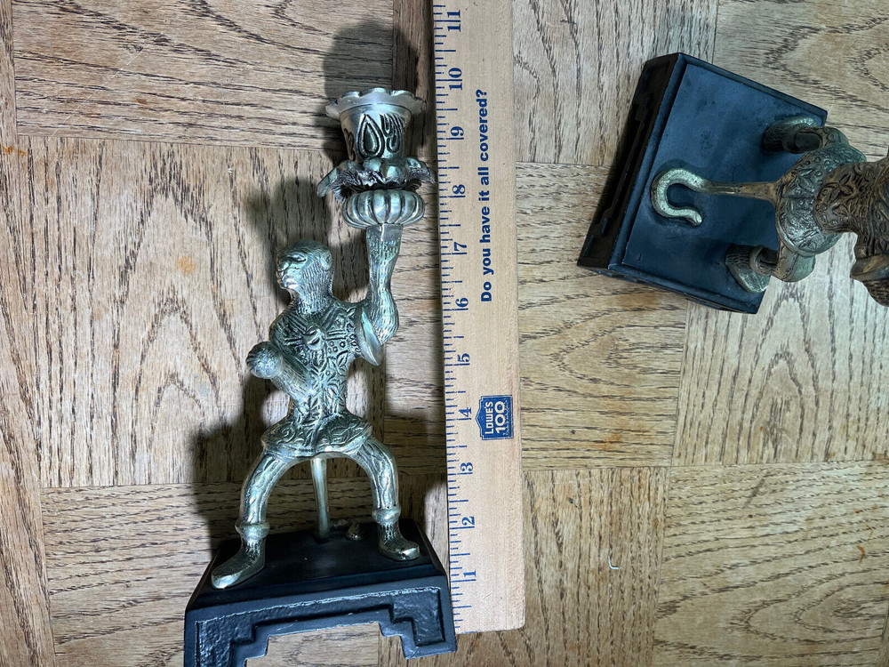 Pair Vintage Silver plated Monkey Warrior Candlestick Holder