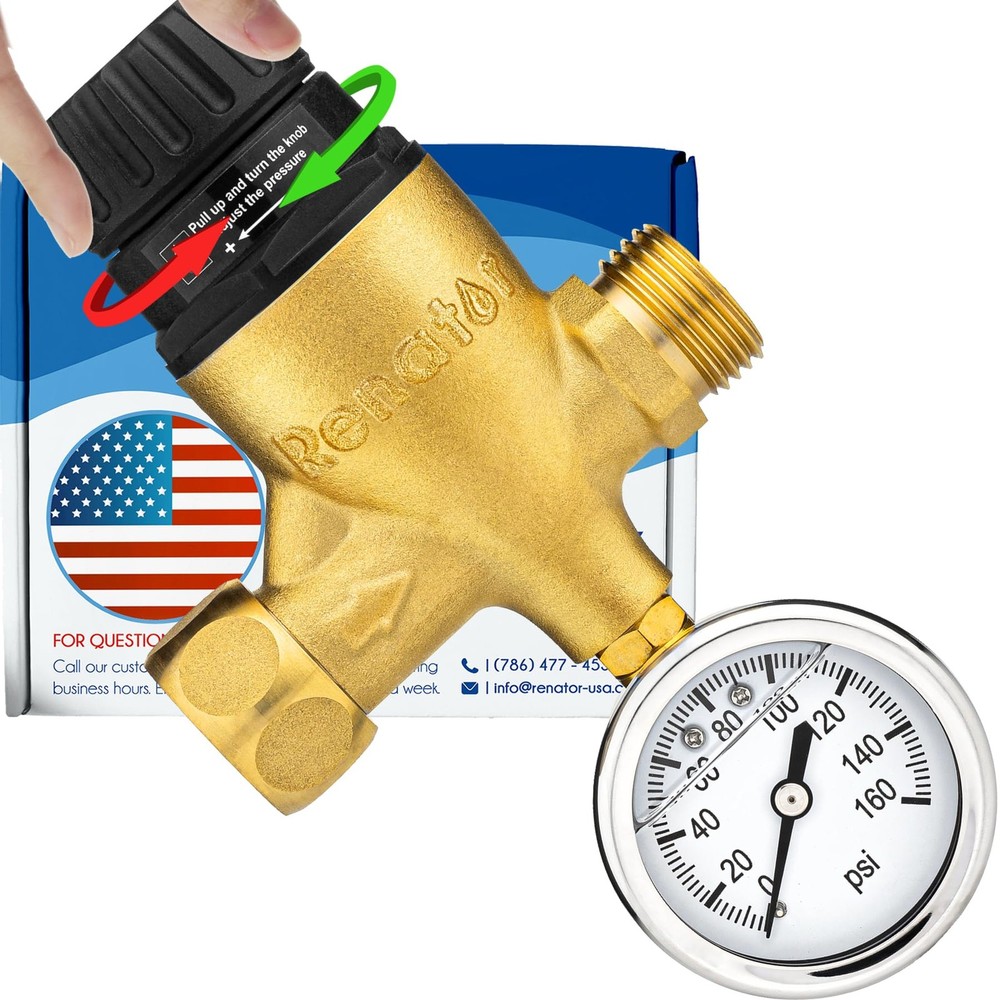 Renator RV Water Pressure Regulator for Camper. Brass Gold and Black
