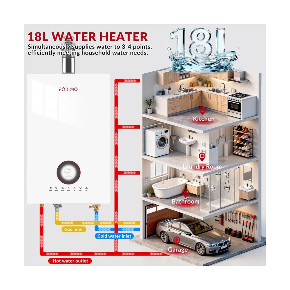 Tankless Water Heater Natural Gas, 4.74 GPM 18L Indoor Instant Hot Water Heat...