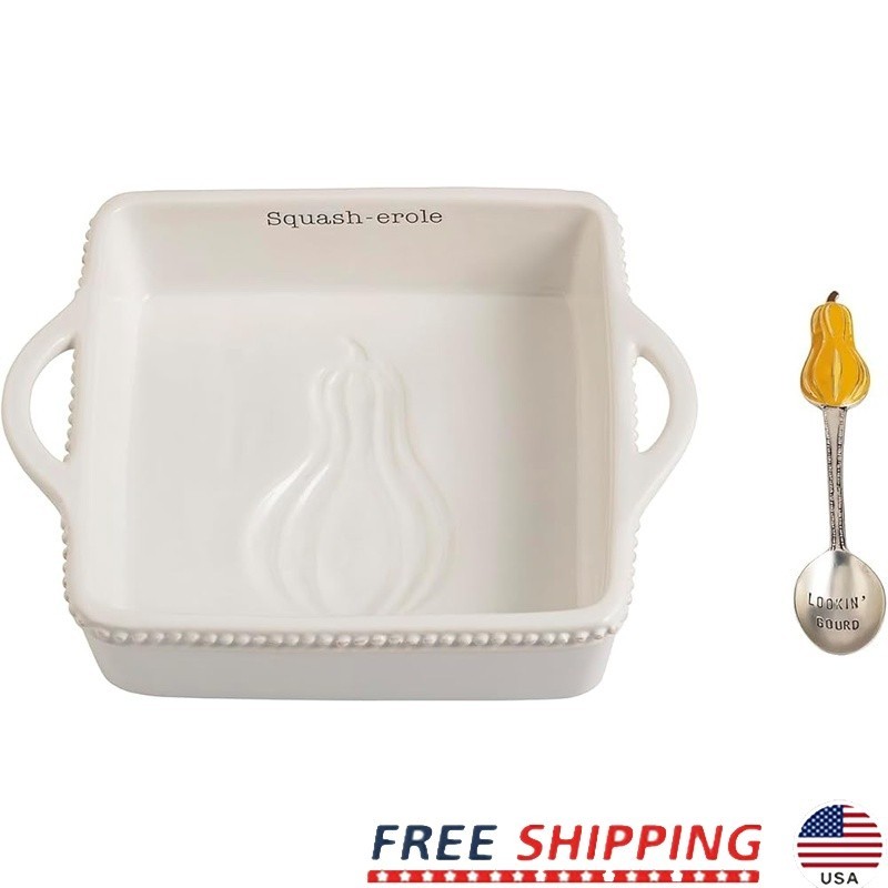 Ceramic Baking Dish W/ Handles Enamel Handle & Silverplate Spoon Dishwasher Safe