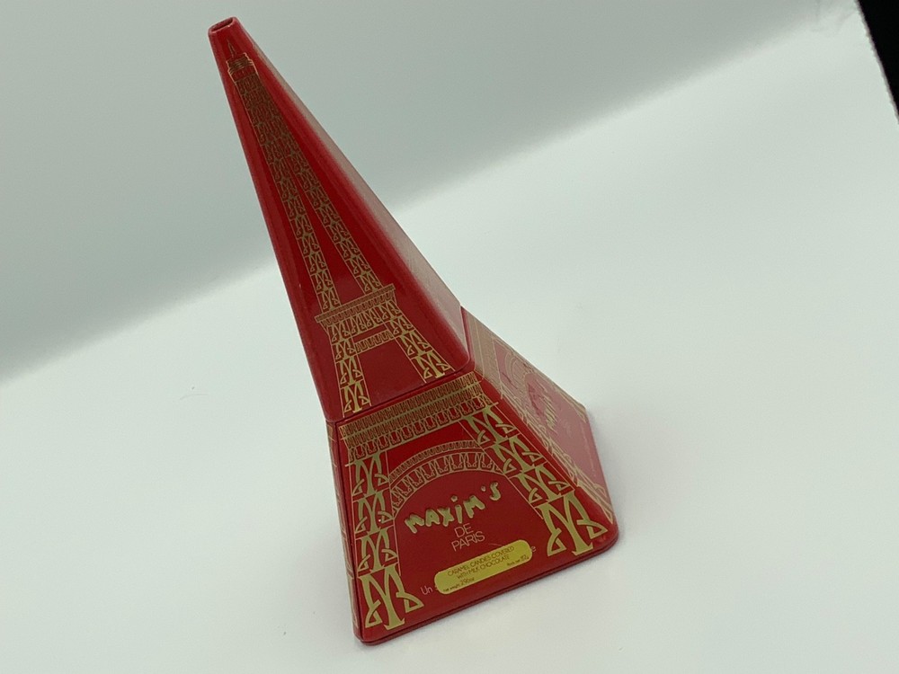 MAXIM’S DE PARIS Eiffel Tower Metal Tin Storage Red Container used EMPTY