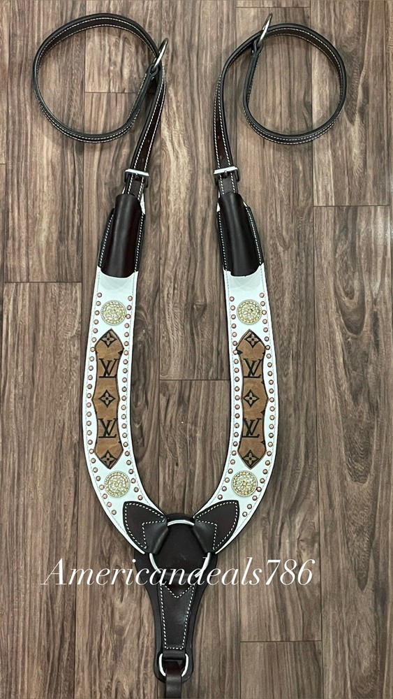 Western Brown Leather Pulling Breast Collar With White Overlay & Conchos