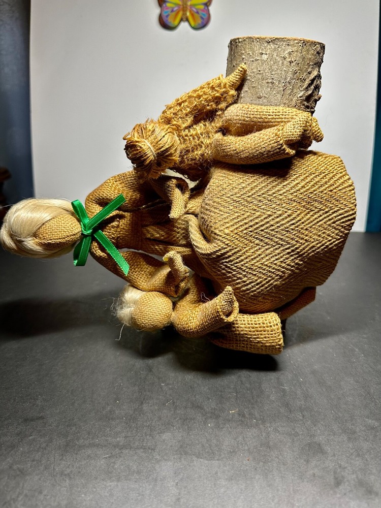 Vintage Burlap Figures Sitting On Real Log