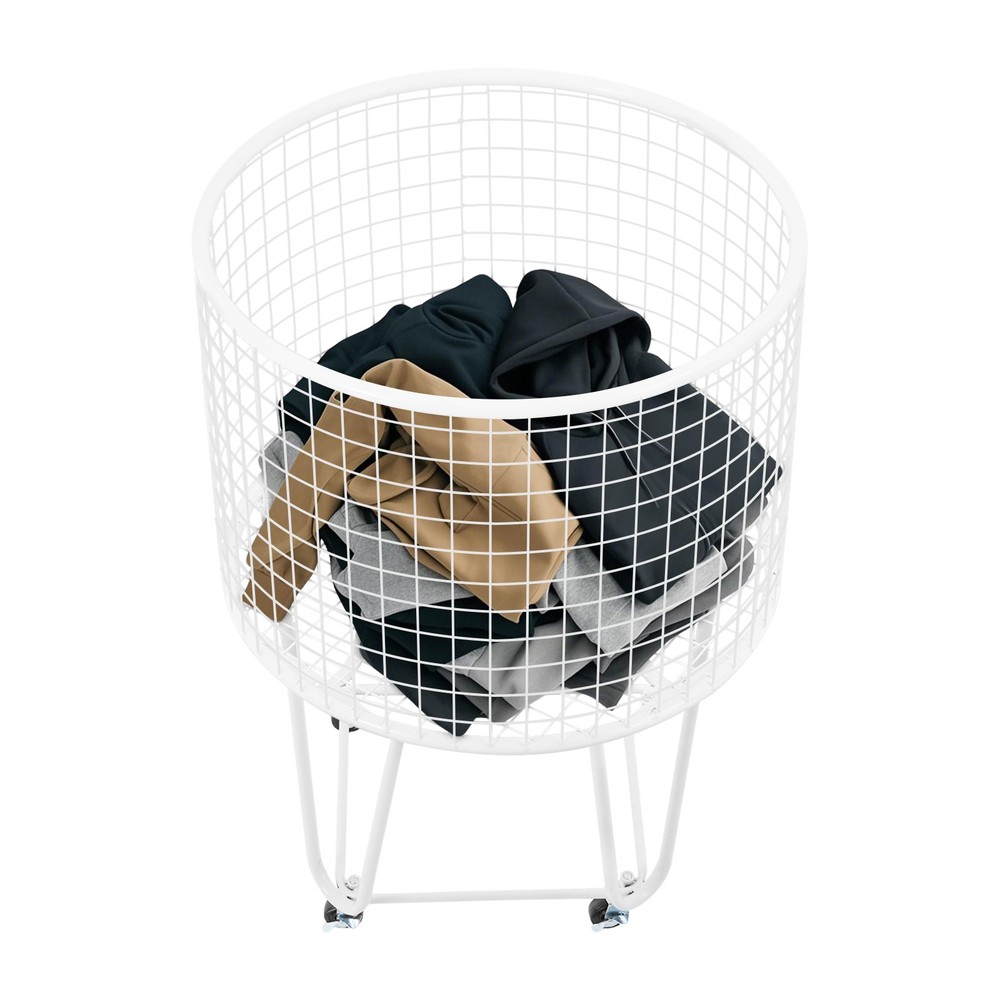 White Laundry Basket Storage Cart Round Rolling Laundry Hamper with 4 Wheels US