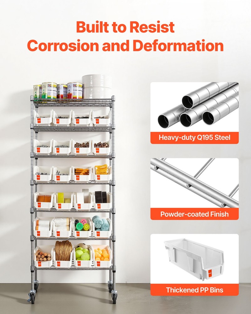 VEVOR Rolling Bin Storage Rack 7-Tier Bin Rack Storage System with 24 Small Bins
