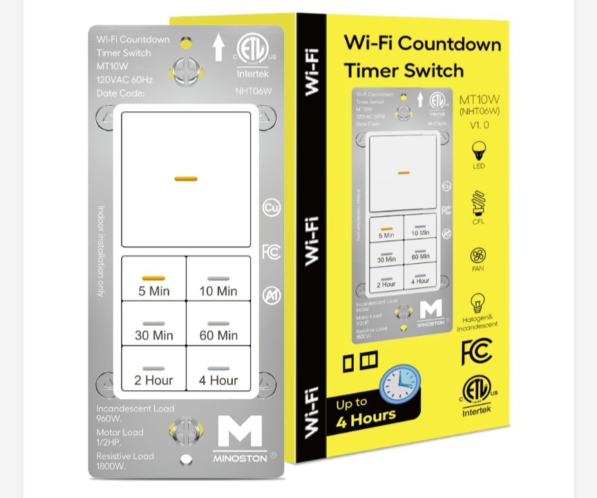 Minoston WiFi Timer Switch - Smart Countdown Timer, 5-15-30 Minutes/1-2-4 Hour