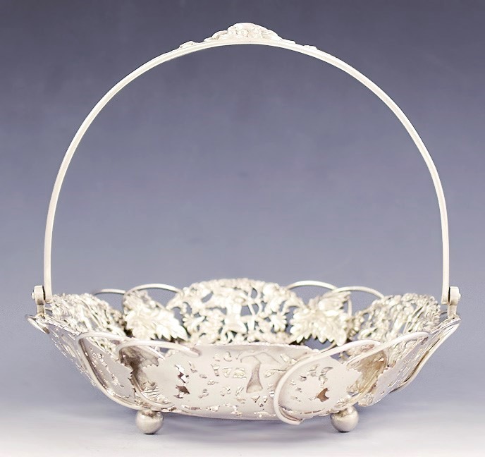 Charming c1900 American Sterling Silver Grape & Cupid Motif Openwork Basket