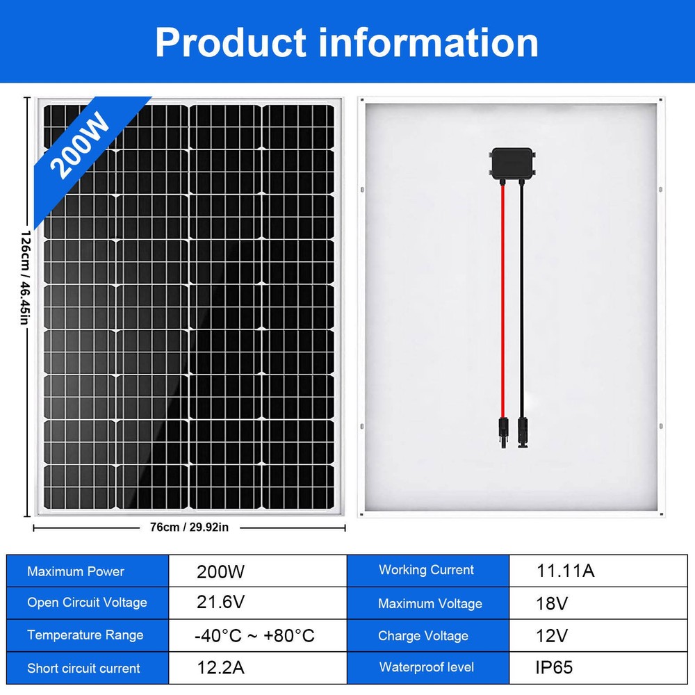 200W 12V Solar Panel High-Efficiency Monocrystalline 12V PV Module 12V System