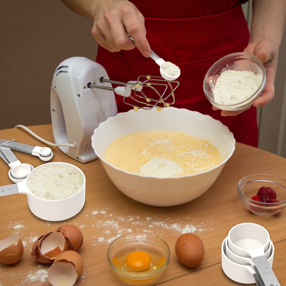 1 PCS White Stackable Measuring Cups Spoons Set Stainless Steel Handle Bake