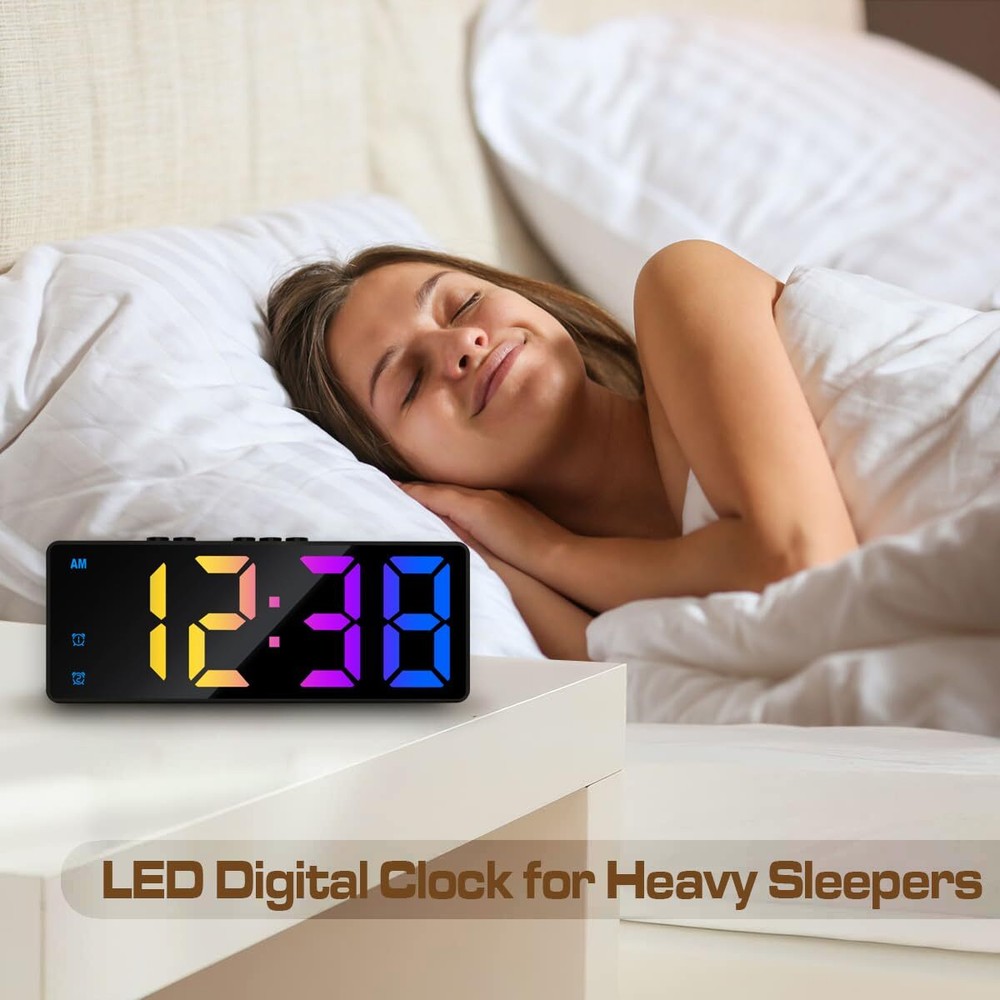 Small Digital Alarm Clock Mirror LED Display Adjustable Brightness Black Case