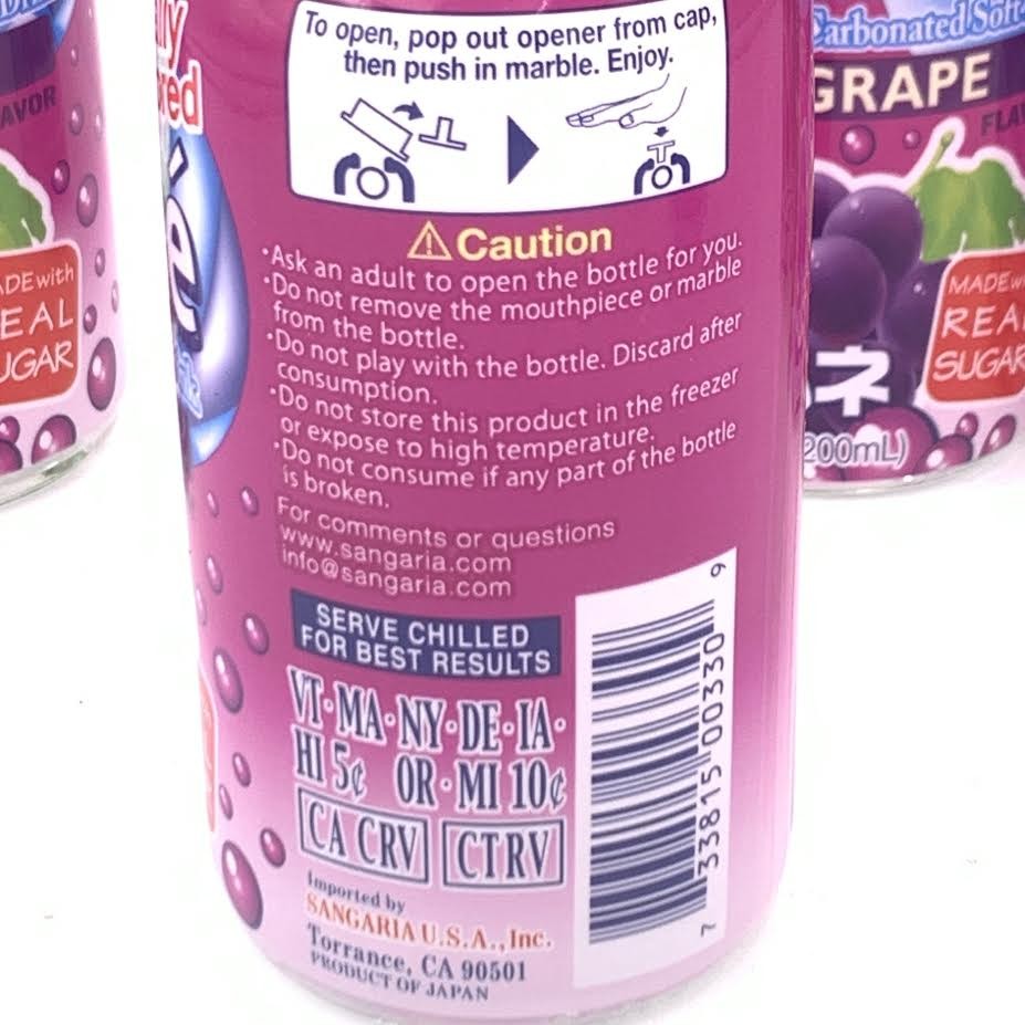 Sangaria Ramune - Grape Flavor 200mlx6bottle三佳丽弹珠汽水葡萄口味