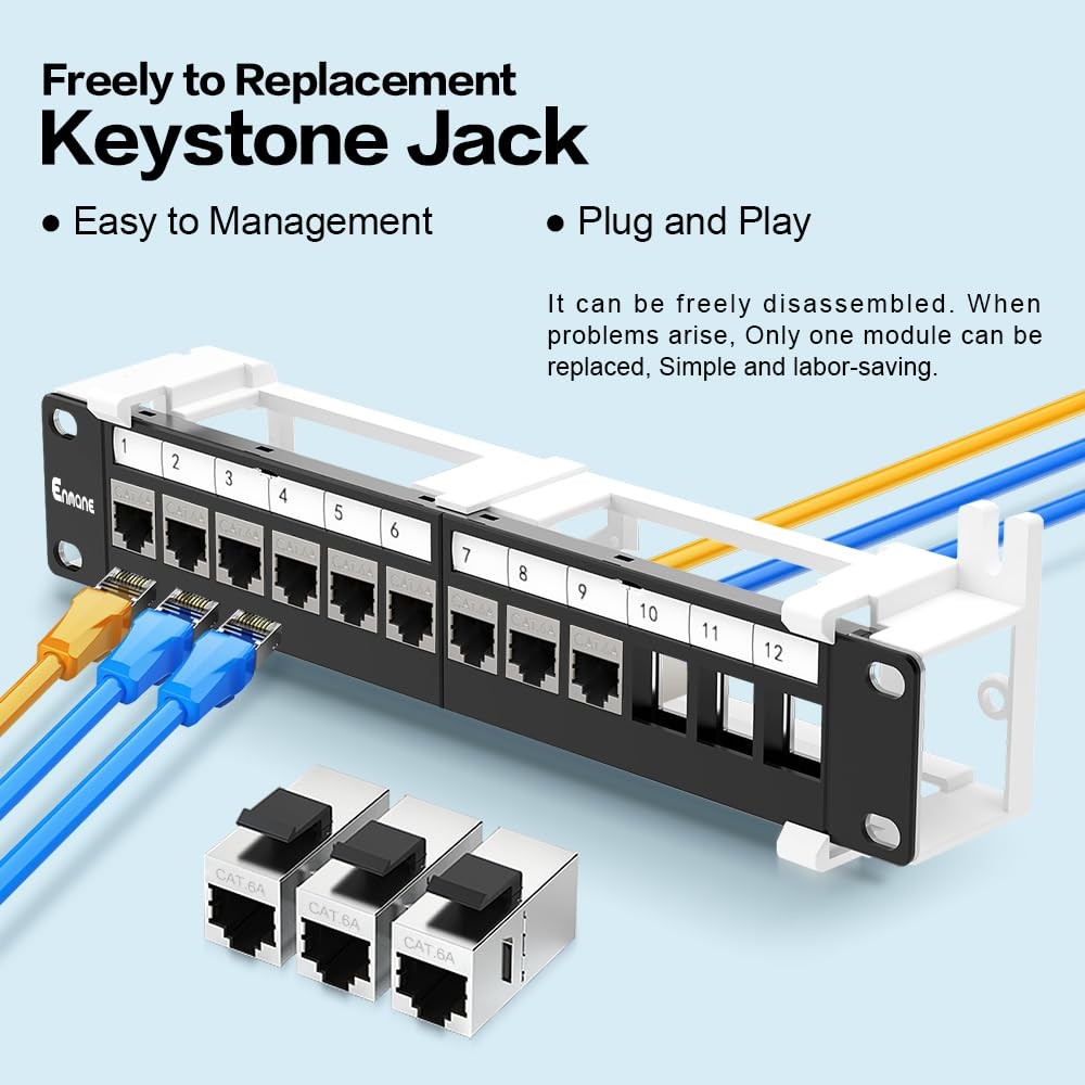 Enmane 12 Port Patch Panel CAT6a Patch Panel (EC Listed) Wall Mount 10 Inch Brac