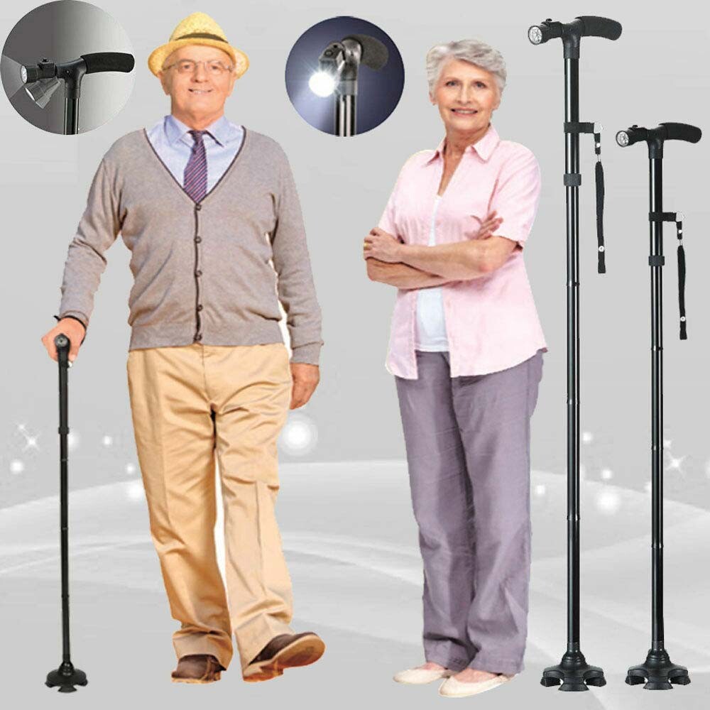 4 heads rotating magic cane fold height adjustable LED light safety cane