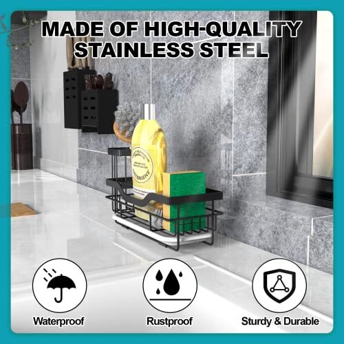 Sponge Holder for Kitchen Caddy Sink Organizer, Multifunctional Mattle Black