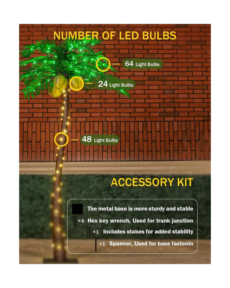 5ft Lighted Palm Tree with Glowing Coconuts - Dimmable, UL Certified, Waterpr...