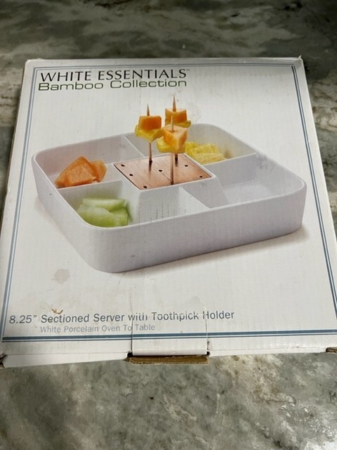 White Essentials Bamboo Collection 8.25" Sectioned Server With Toothpick Holder