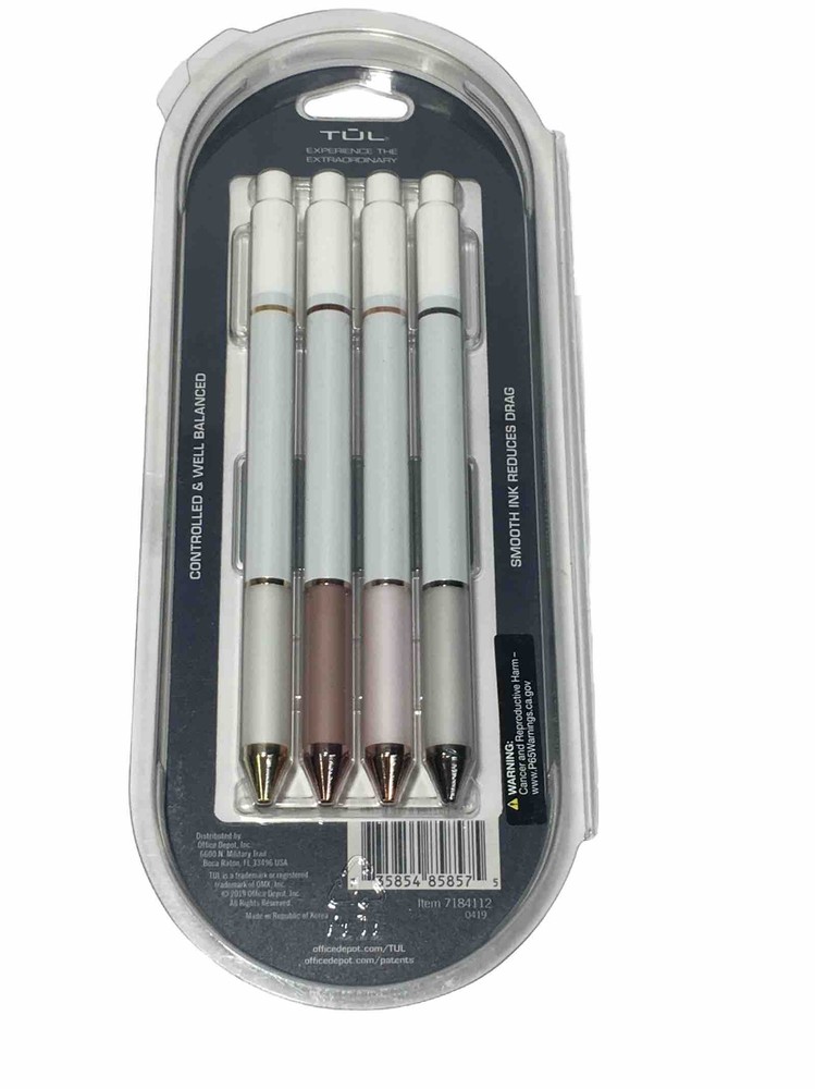 TUL 4 Pack 1.0mm Medium Blue Retractable Ballpoint Pens - Pearl White