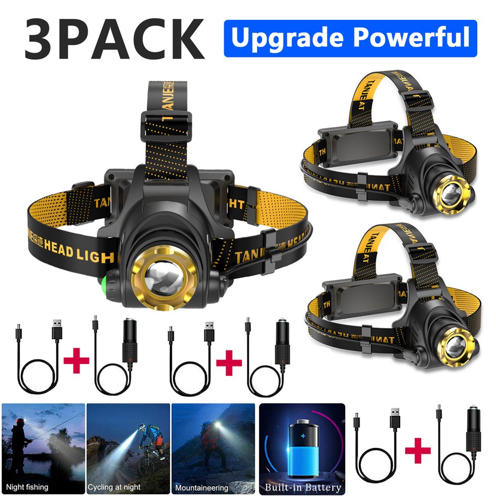 3 pack USB Rechargeable Headlight LED Headlamp Camping Head Torch Flashlight