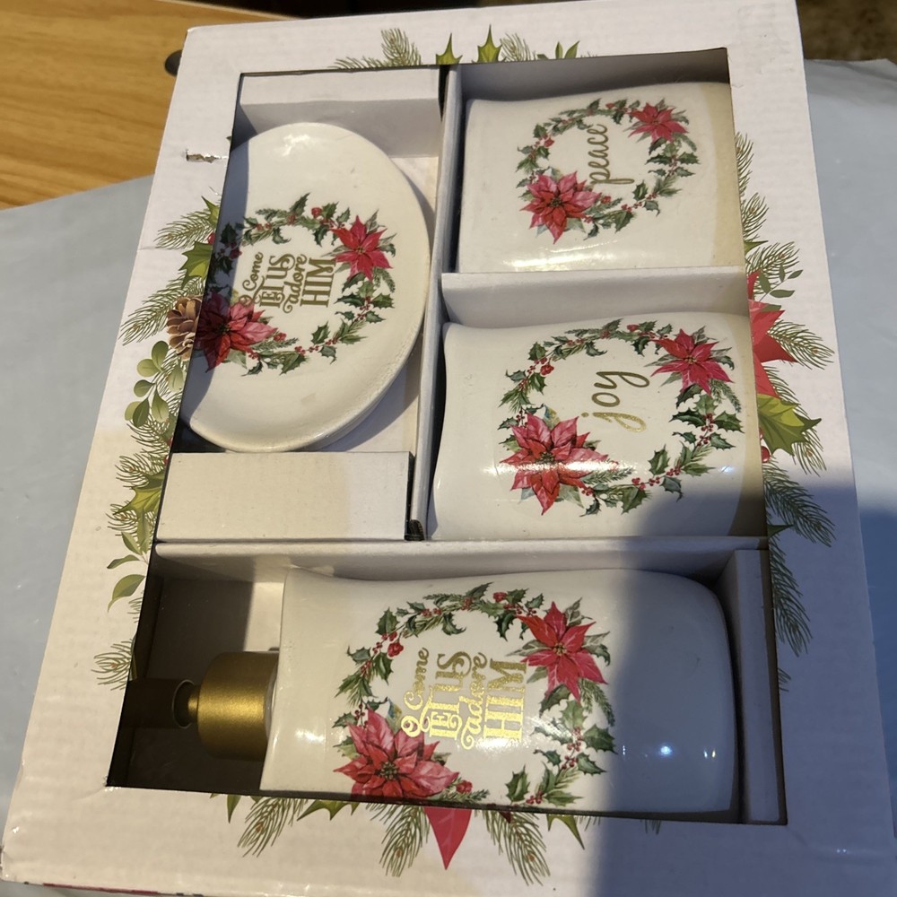 New In Box 4Pc. Christmas Ceramic Bath Set