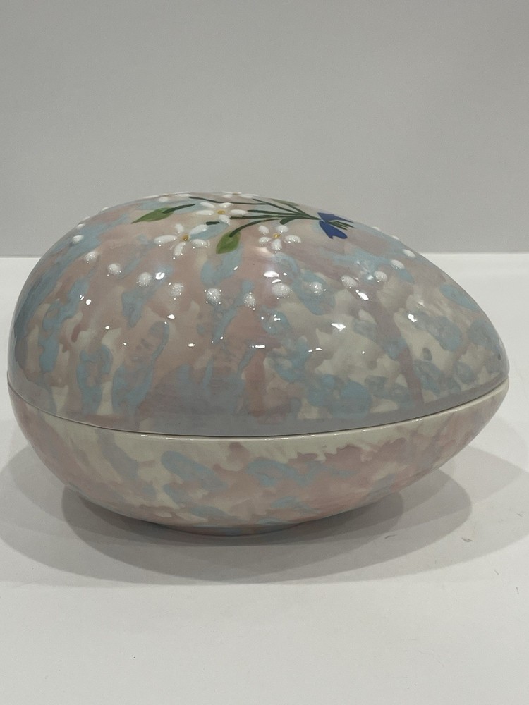 Vtg Ceramic Egg Flowers Trinket Candy Dish Hand Painted Kitsch Easter Decor