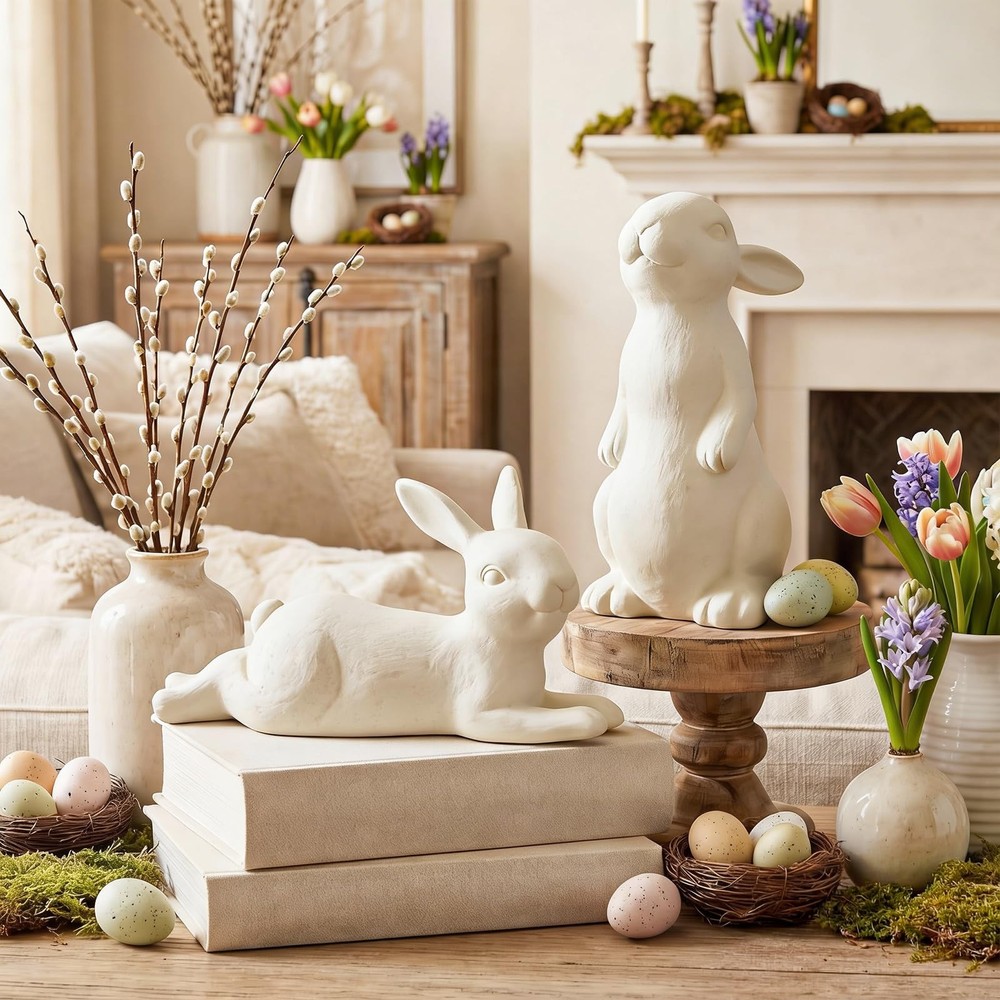 2 Pcs Easter Terracotta Bunny Figurines Decorations Rustic Rabbit Standing Bu...