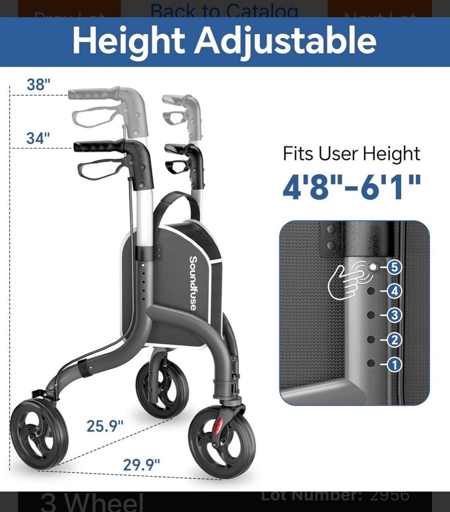 Soundfuse 3 Wheeled Walker. Adjustable, Lightweight, Foldable, New Black