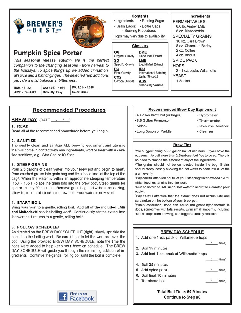 Brewers Best Pumpkin Spice Porter Beer Ingredient Kit