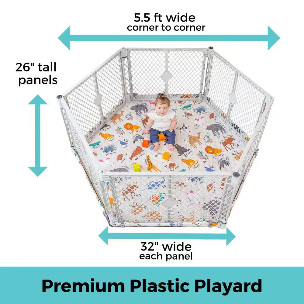 Superyard Nook, 6-Panel Light Gray Playard with Animal ABC Securemat Playmat
