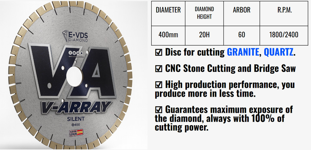 16''/400mm CNC Granite & Quartz Diamond Blade | V-Array Silent Core | 60 Arbor