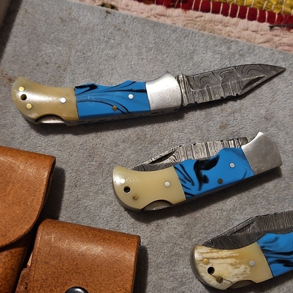 3 Damascus Folding Pocketknives Blue Bone Handle