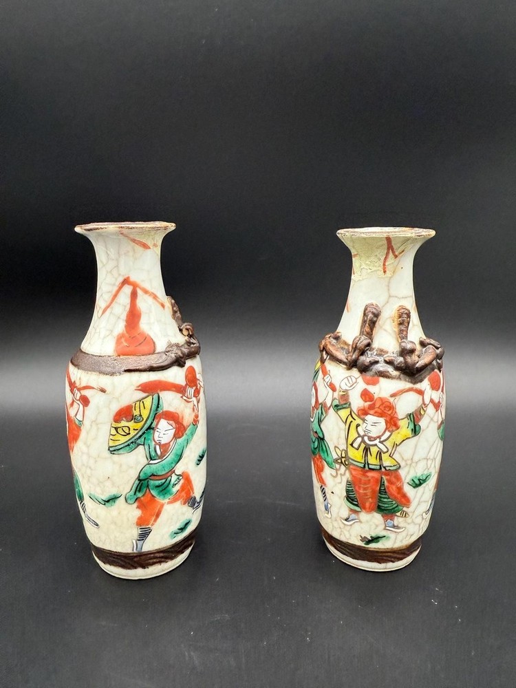 Vintage Crackle Glaze Mini Vases – Samurai Warrior Pair