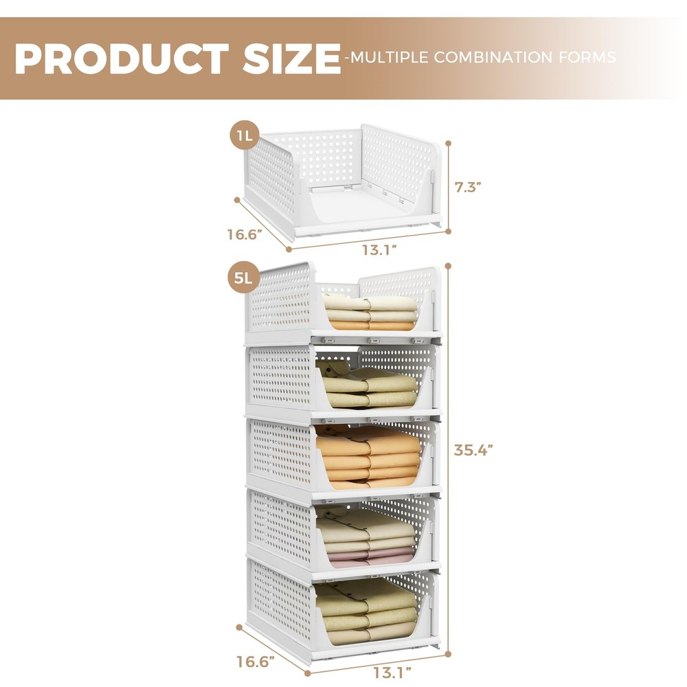 5 Pack Stackable Plastic Storage Closet Organizers and Storage Bins Drawer Sh...