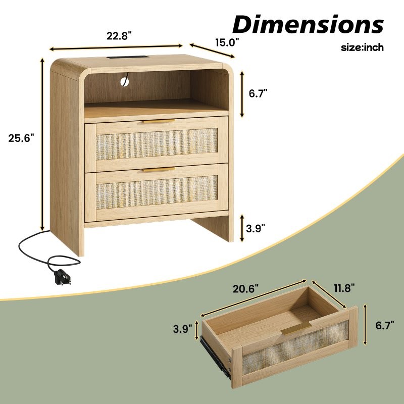 2PCS Nightstand Bedside End Table With 2 Drawers, Storage Shelf, Charging Socket