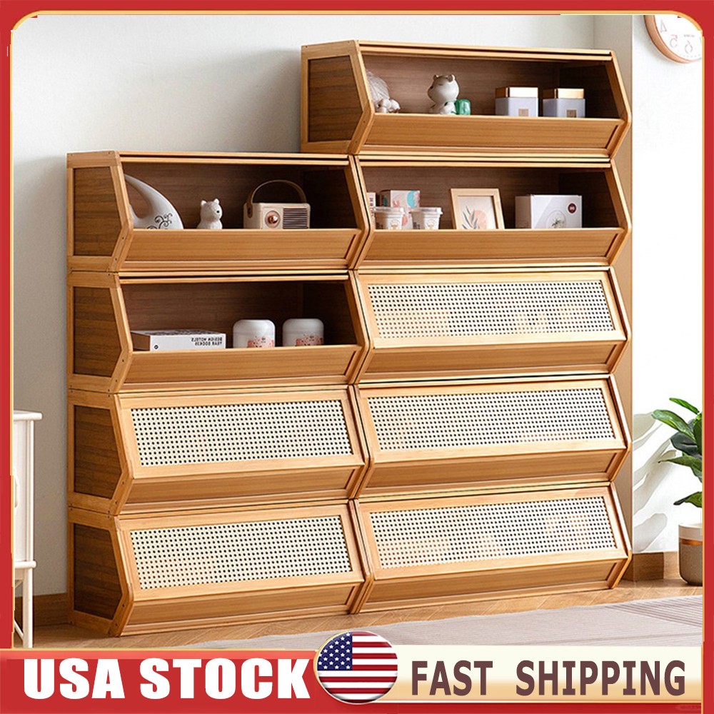 Bamboo Storage Cabinet Cupboard Organizer Unit Stackable Home Decor