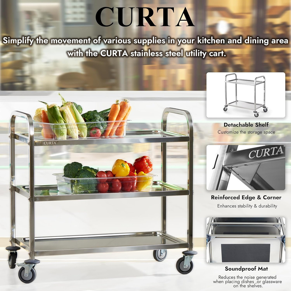 Stainless Steel 3-Tier Serving Trolley with Rolling Casters for Kitchen & More