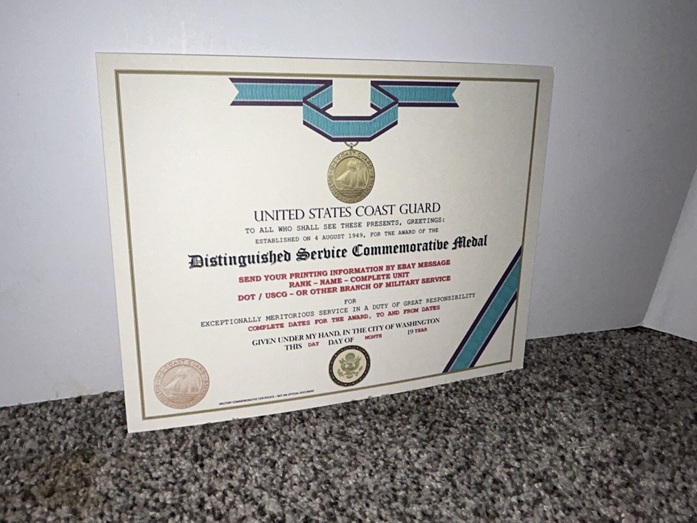 USCG DISTINGUISHED SERVICE MEDAL COMMEMORATIVE CERTIFICATE ~ TYPE-2 w/PRINTING