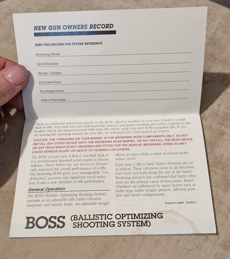 Browning BOSS Balistic Optimized Shooting System Owner's Manual Instruction
