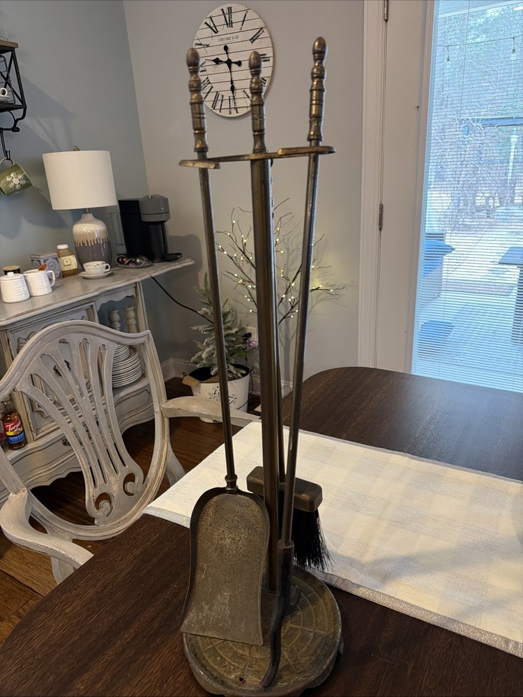 Vintage Solid Brass 4 Piece Fireplace Tool Set Stand, Sweeper, Poker & Shovel