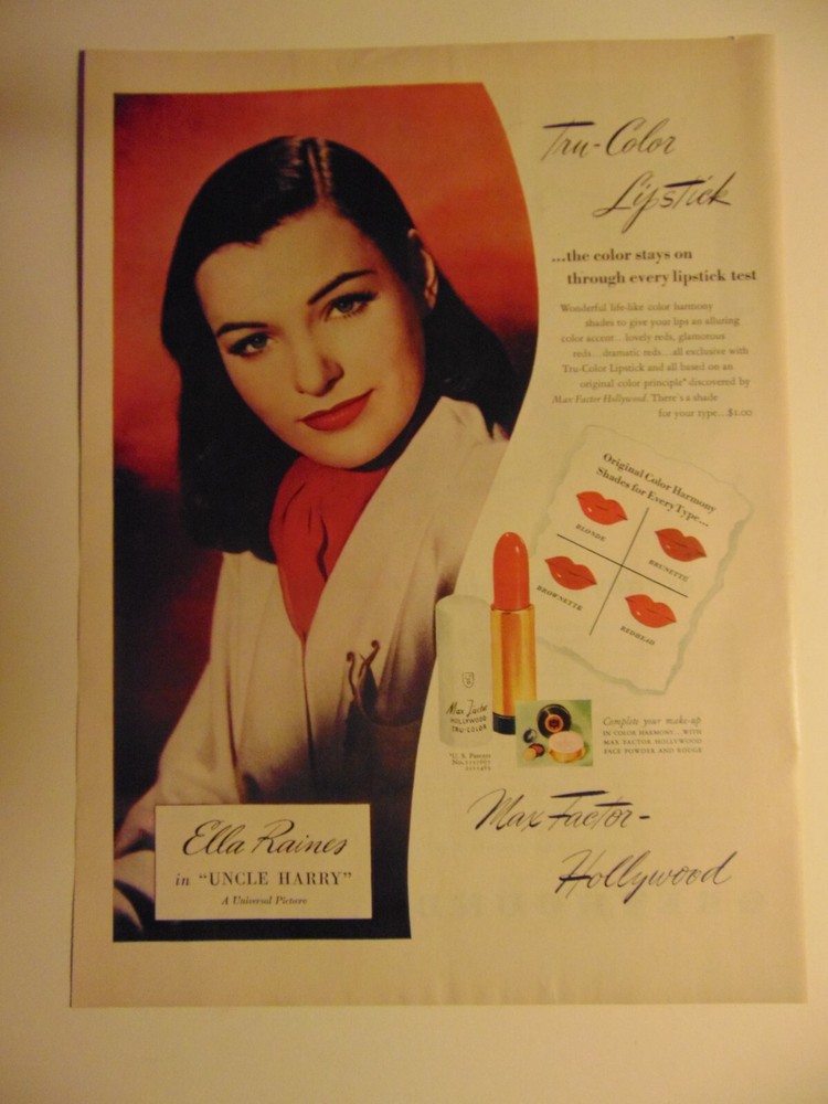 1945 Max Factor Tru-Color Lipstick vintage print ad