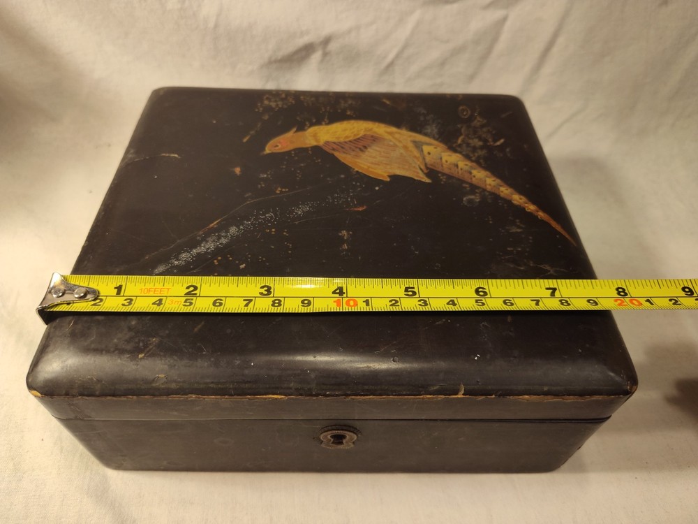 Antique Boho Shabby Chic Black Lacquer Japanese Box Pheasant Bird