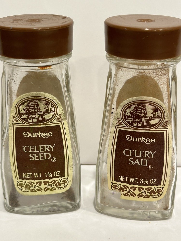 2 Vintage Durkee Spice Jar Bottles Celery Seed and Celery Salt Empty ship