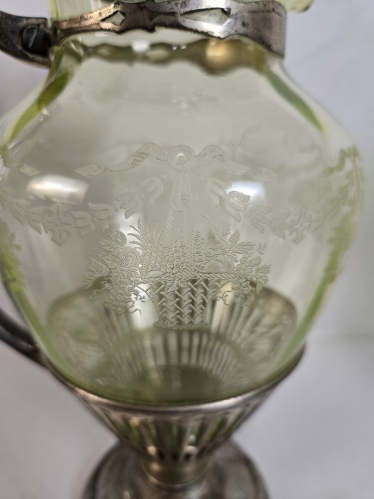 Cresent Silver MFG Triple Plate Silver & Uranium Etched Basket Glass Pitcher