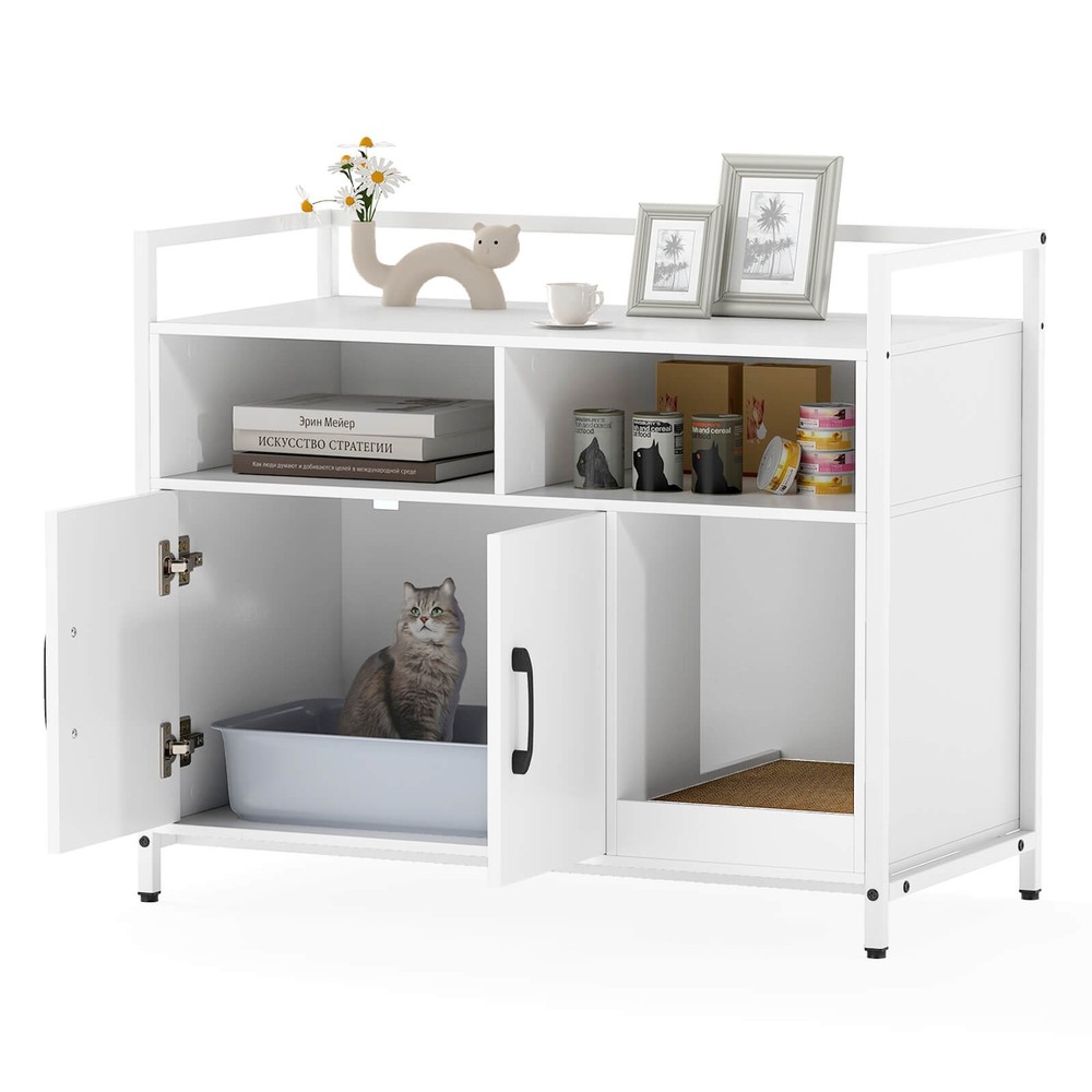 Cat Litter Box Enclosure w/ Storage Compartments Removable Scratching Board