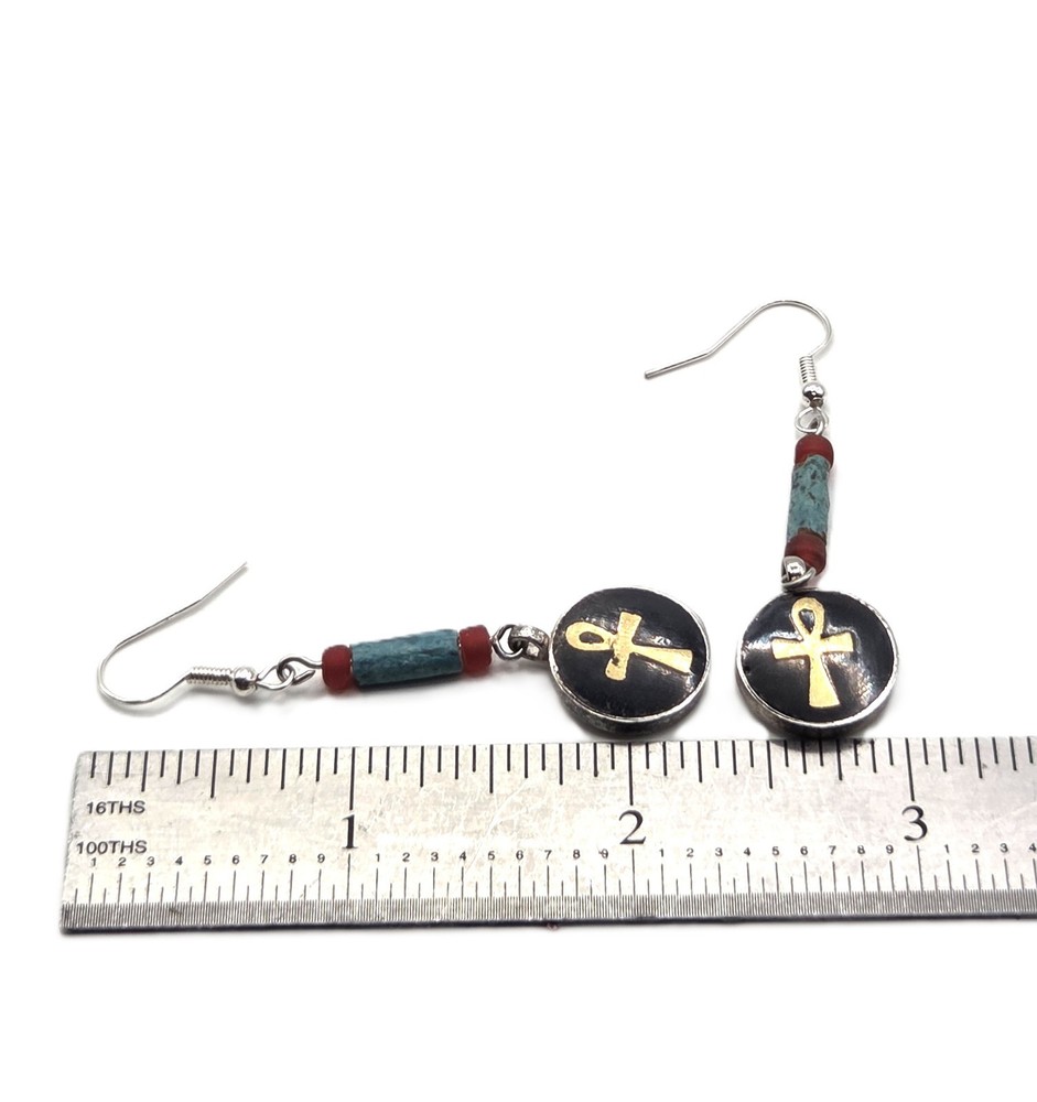 Vntg Artisan Made Faience, Carnelian & Ankh Earrings