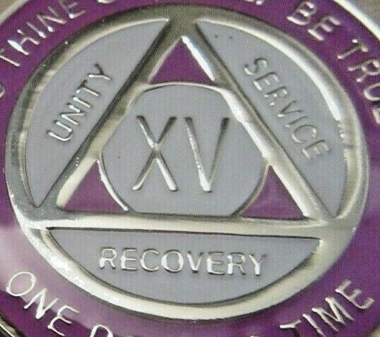 Glow Purple White Silver Alcoholics Anonymous 15 Year AA Medallion Sober Token